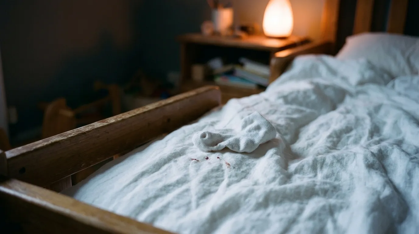 Weiße Kindersocken am Kinderbett, daneben eine Nachttischlampe