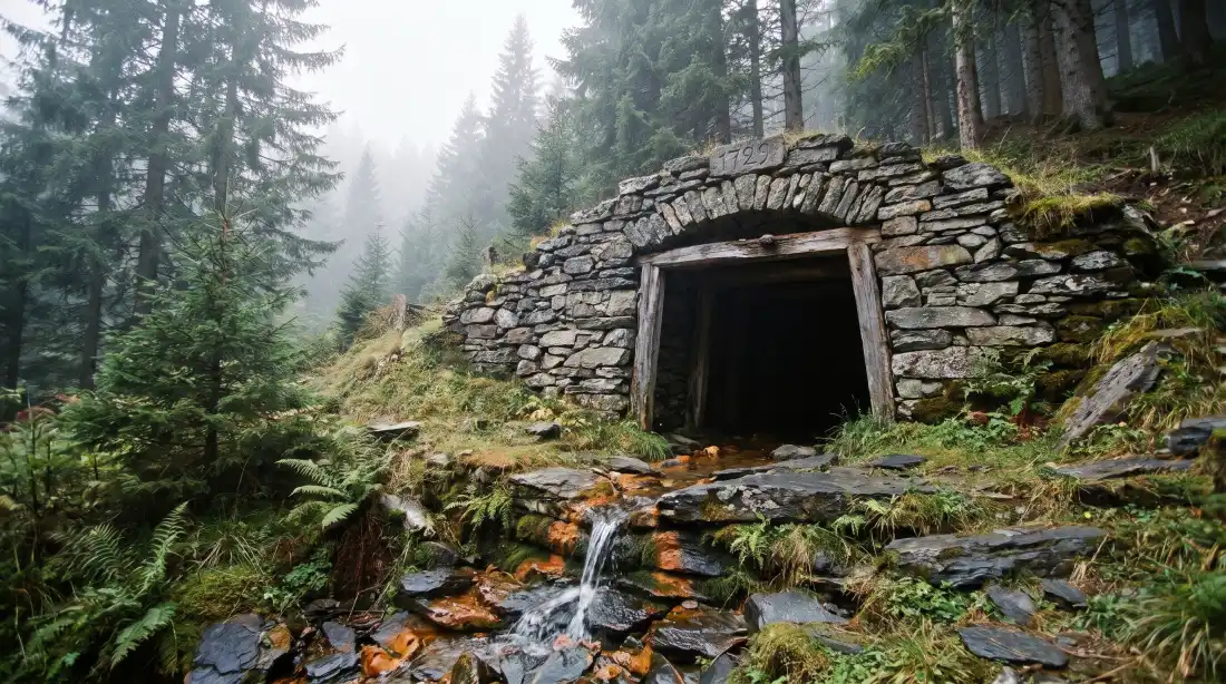 Ein alter, gemauerter Stolleneingang im Wald, aus dem Wasser über Steine fließt